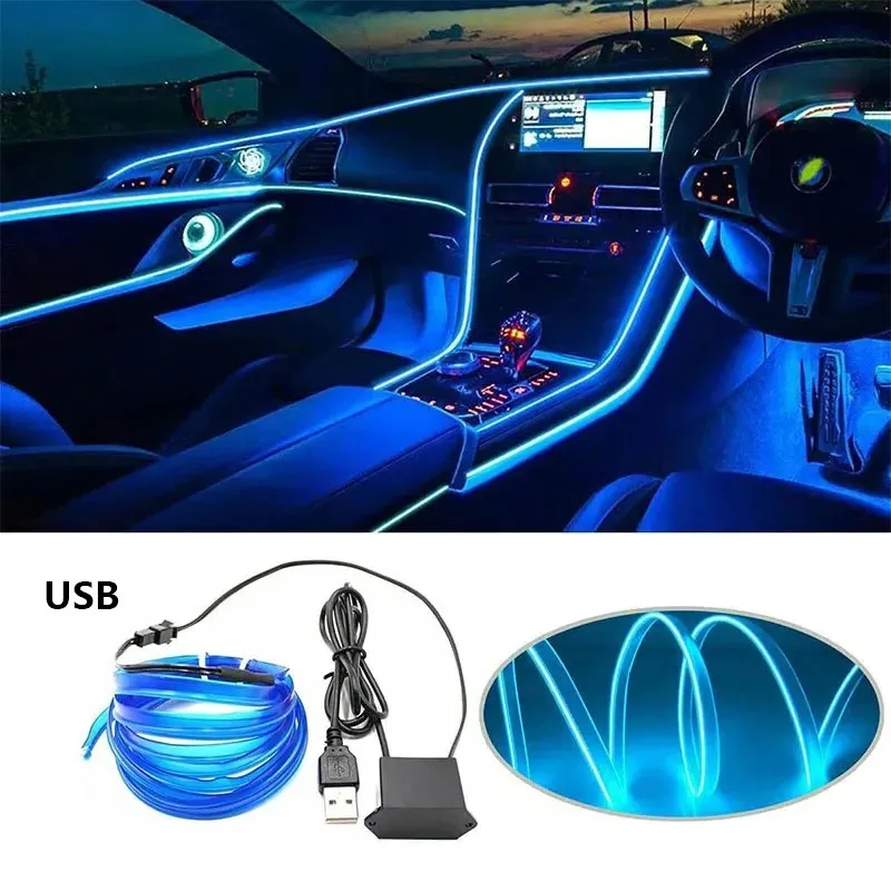 Carro interior lâmpadas decorativas, EL fiação, tiras de néon, Auto DIY Dash Board, luz ambiente Consol, lâmpada atmosfera USB, 1m, 3m, 5m