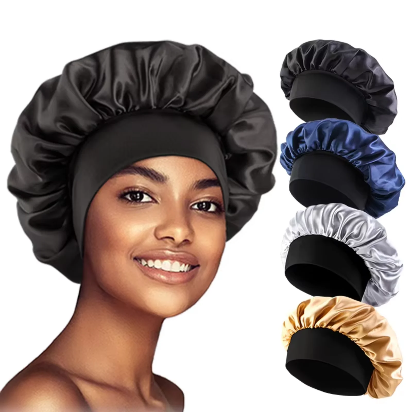 Damen Satin Einfarbige Schlafhauben Breitkrempige Nacht-Schlafmütze Unisex Kopfwickel mit Elastikband Haarpflege-Bonnet – Detail 1