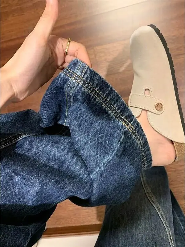 الرجعية تلاشى واسعة الساق الجينز المرأة عالية الخصر فضفاضة عارضة السراويل القطنية الزرقاء ربيع الخريف زائد حجم صغير #5