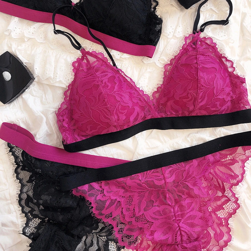 

2 Pieces Sexy Lace Underwear Set Women Bra Set French Triangle Cup Deep V Push Up Brassiere Romantic Intimates Lingerie Panties