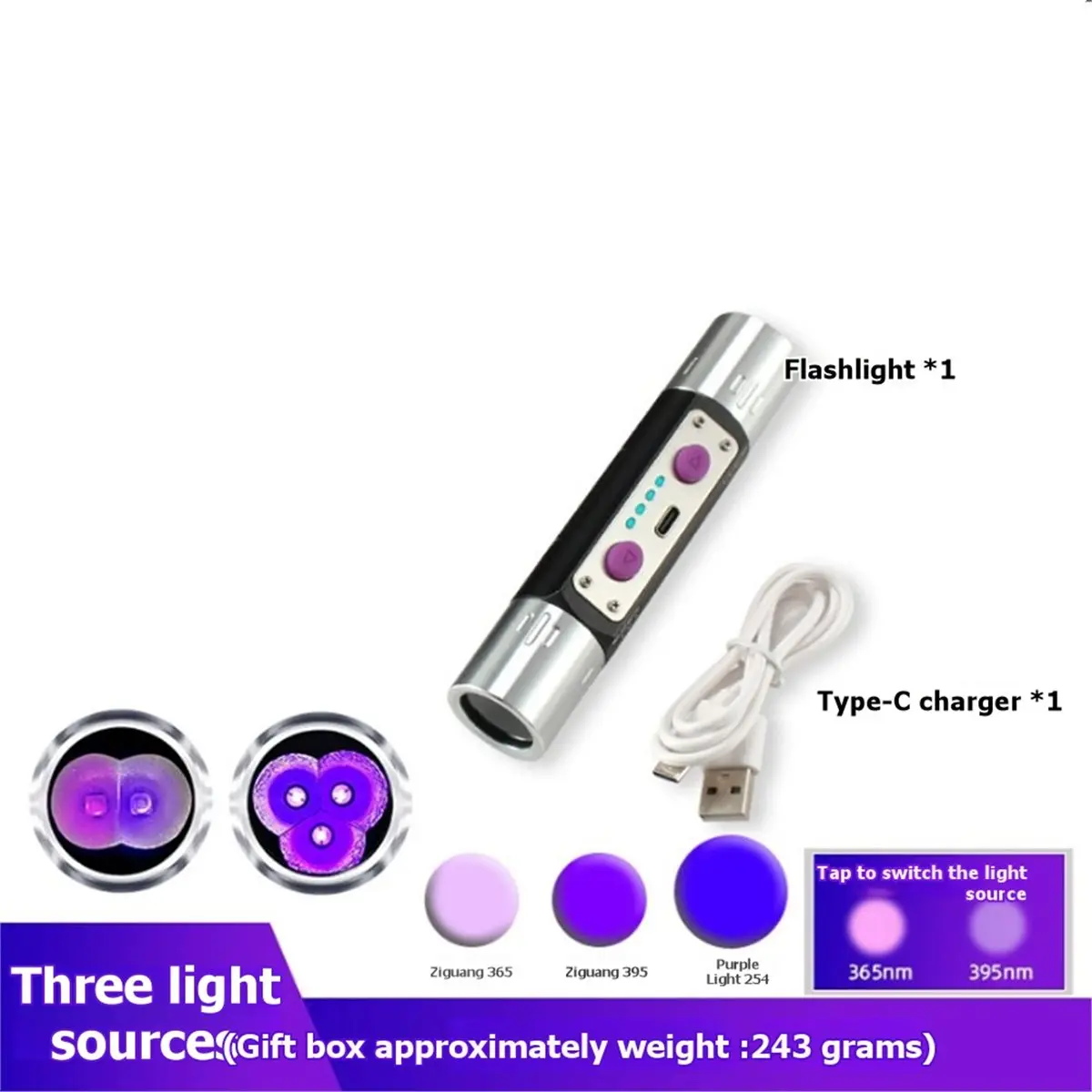 ABFW Violet Light Flashlight UV Money Detector Flashlight for Bill Jewelry Ink Currency Fluorescent Agent 254nm 365nm 395nm A