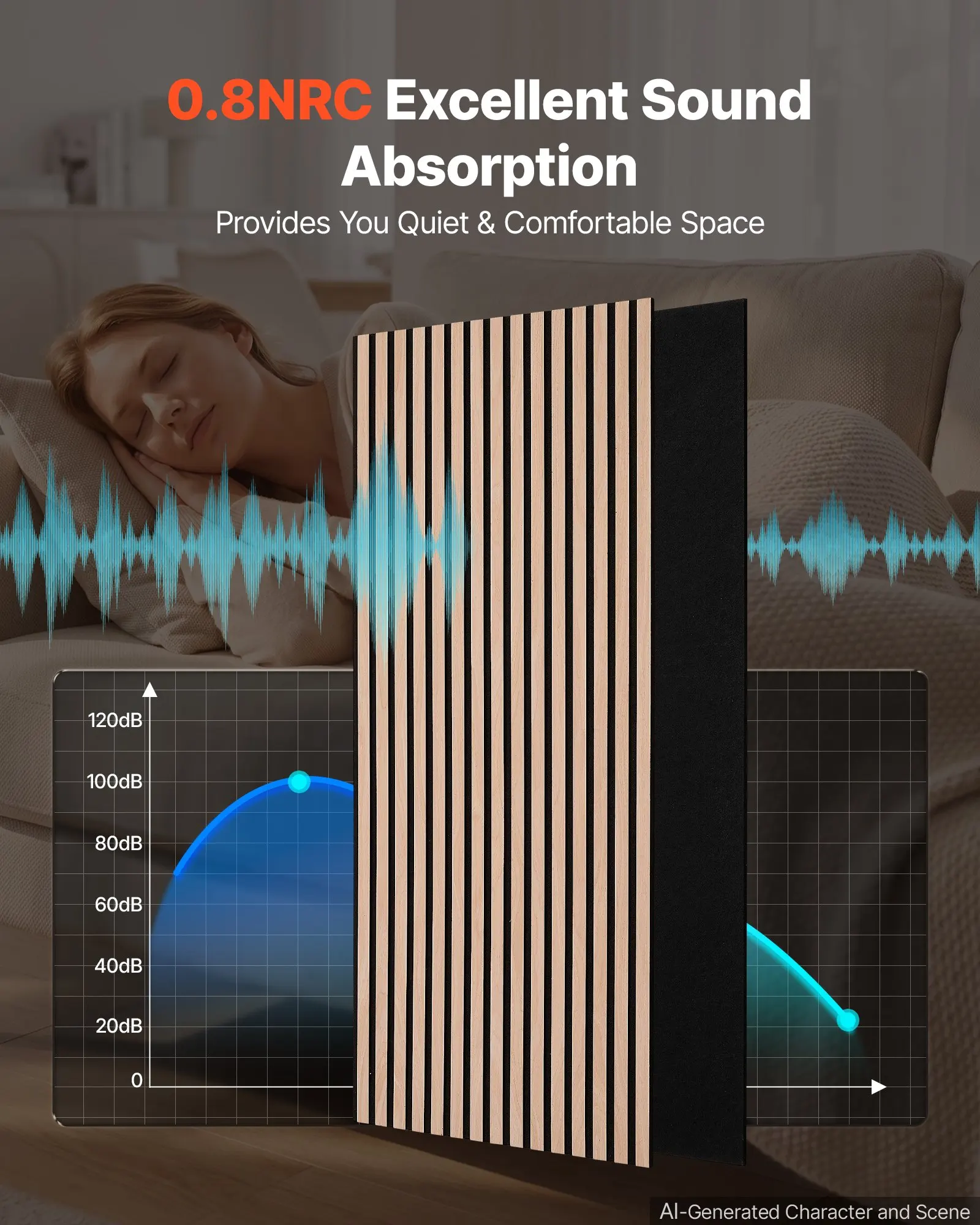 Wood Wall Panels, 47.2 x 23.6 inches, 8-Pack, Acoustic Slat Panels Oak Finish, Sound Absorbing for Living Rooms, Bedrooms, Offices, and Studios, Interior Wall Decor, PET Construction, Screw Kit