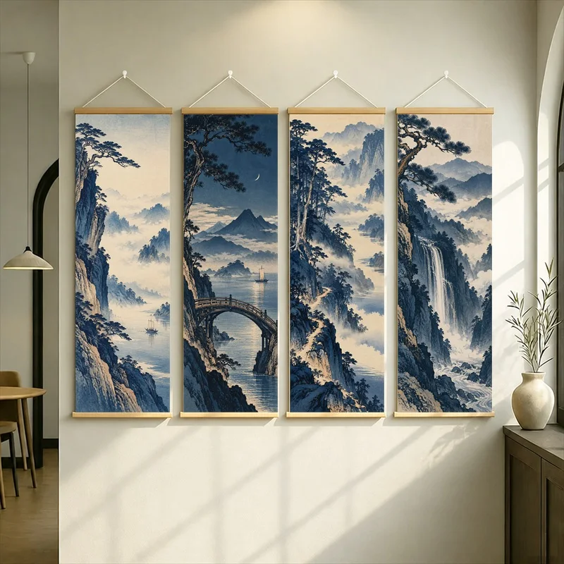 Mountain Waterfall Hanging Scroll with an Arch Bridge in a Dramatic Blue Ink Wash Landscape Style for a Living Room
