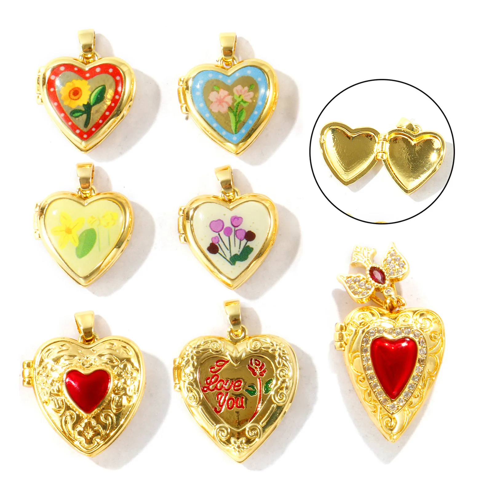 1 Stück Messing Valentinstag Bild-Foto-Medaillon-Anhänger Herz Blume 18K Vergoldet Öffnbar Charms DIY Halskette Großhandel – Detail 2