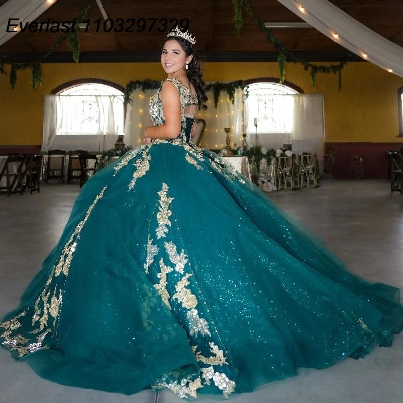 

EVLAST изумрудно-зеленое платье для Quinceanera, бальное платье, Золотое кружево, Женский корсет, милое 16 Vestidos De XV 15 лет TQD685