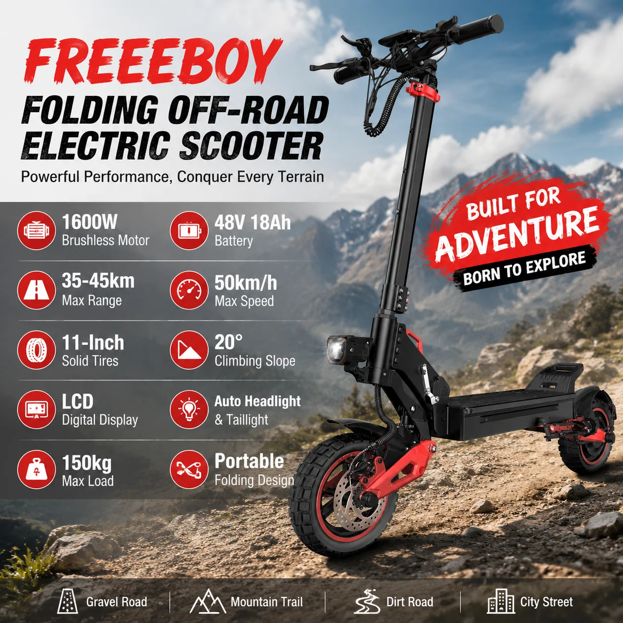 FREEEBOY J15 MAX Faltbarer Offroad-Elektroroller, 1600W bürstenloser Motor, 48V18Ah Batterie, 35-45 km maximale Reichweite, 50 km/h Höchstgeschwindigkeit, 11-Zoll-Reifen, 20 °   Steigfähigkeit,