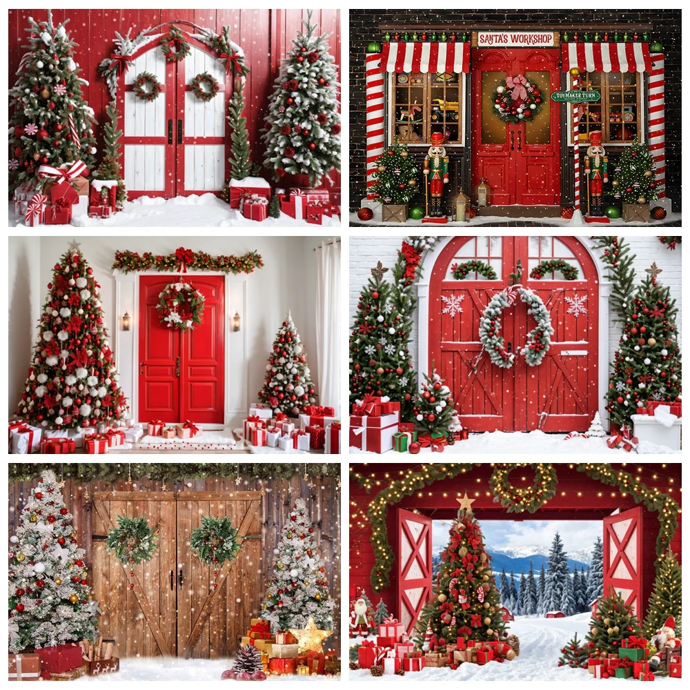 Christmas Photography Backdrop Barn Red Wood Door Xmas Tree Snow Toy Gift Holiday Background New Year Family Party Decorations