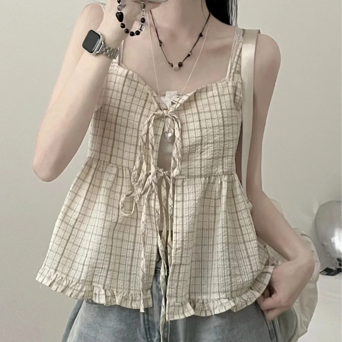 

Женский милый свободный дизайн, двусторонний топ с ремешками, модная корейская версия, повседневная летняя жилетка, блузка