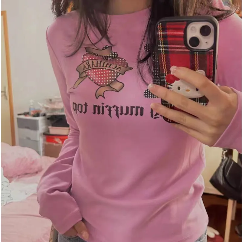 Harajuku Y2k Graphic T Shirts 2000s Aesthetic Long Sleeved Pink Top Women Girls Back To School Cute Core T-shirt Emo Clothes Yk2