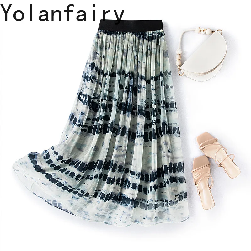 YOLANFAIRY Elegant 100% Real Mulberry Silk Skirts Long 2026 Summer Elastic Waist Printed Skirt Women Clothing Streetwear Skirt
