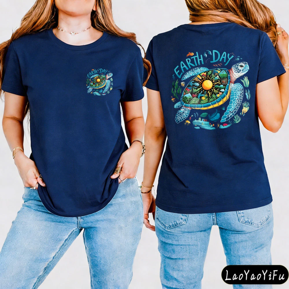 2026 New Earth Day 2-sided T-shirt Sea Turtle Graphic Tops Women Casual Short Sleeve O-Neck Environmental Protection Themed Tees