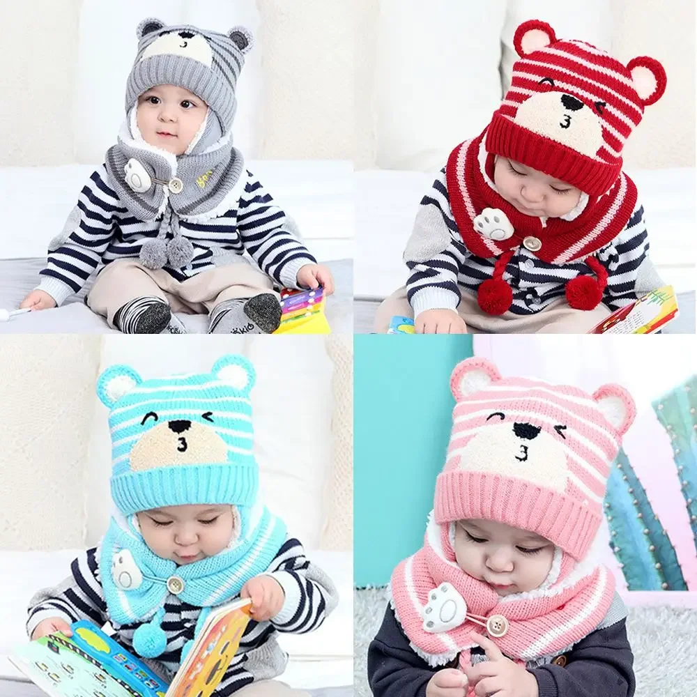 Warm Toddler Baby Winter Boys Girl Neck Scarf Baby Beanie Cap Kids Hat Scarf Set Bear Earmuff