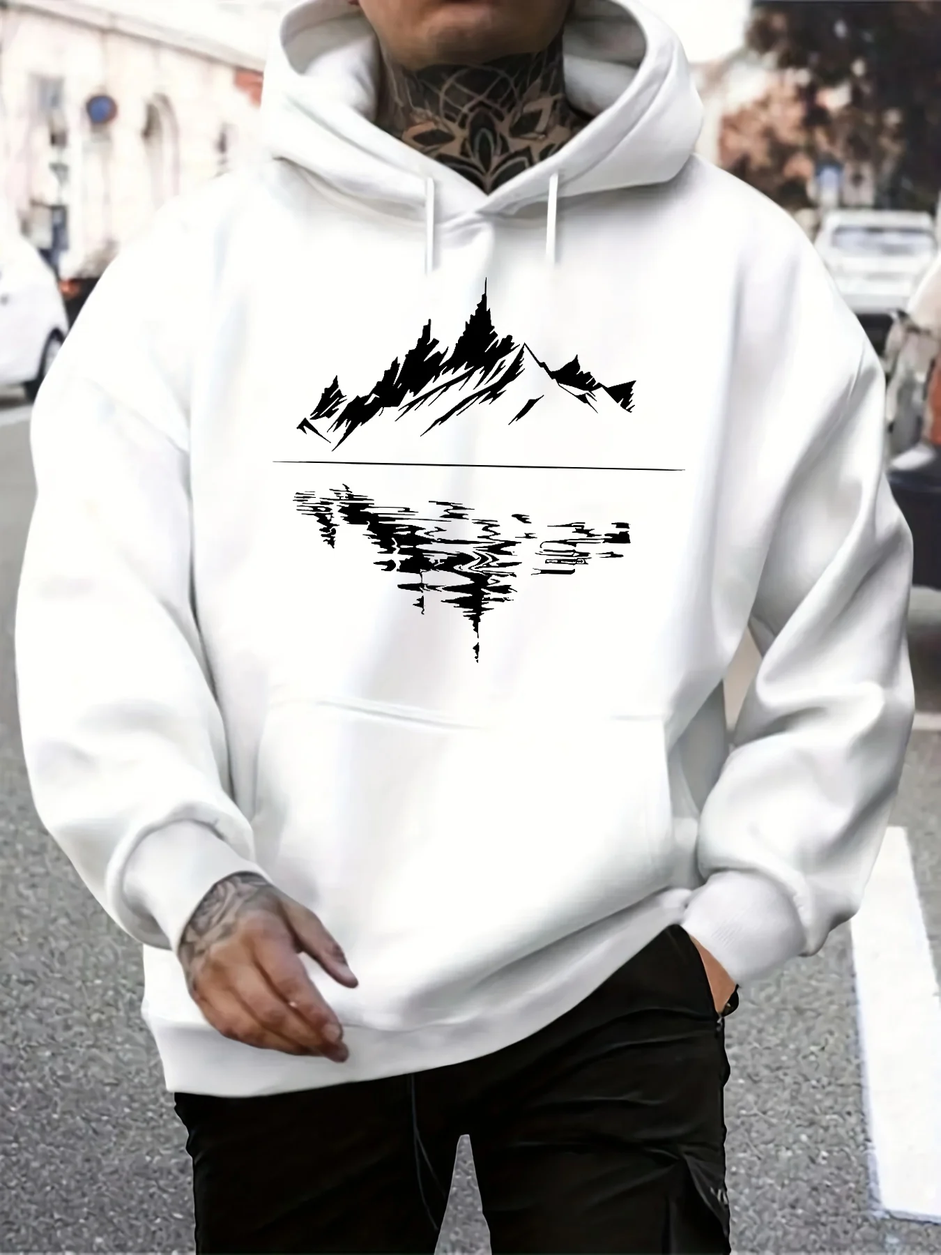 سترة رجالية كاجوال فضفاضة بغطاء للرأس للخريف والشتاء مع نمط انعكاس جبلي مطبوع بأكمام طويلة بلوفر دافئ #3