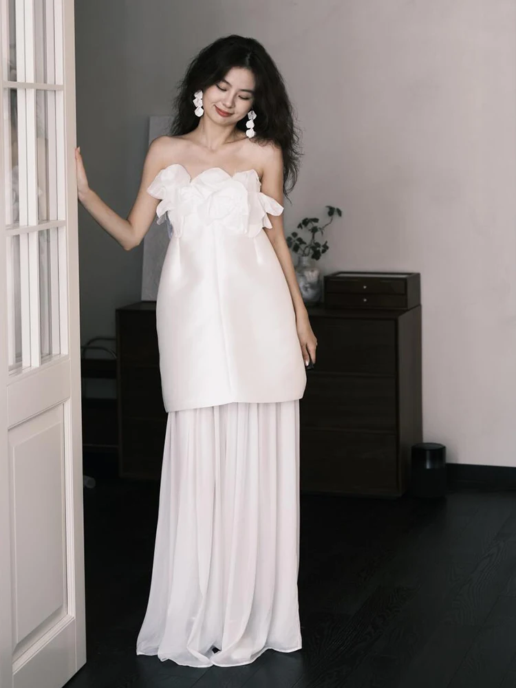 

Белый свадебный халат Ele для женщин, наряд для регистрации и церемонии с нагрудным ремнем