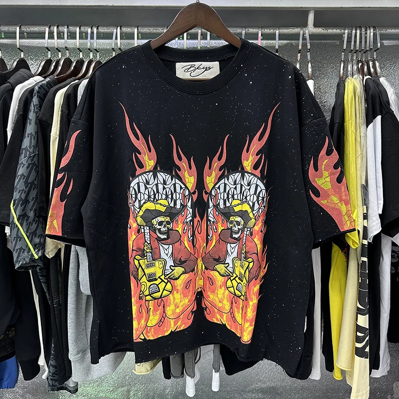

26SS Washed BKYS On Fire Revival F-Terry Cropped T Shirt Street Fashion Mens Womens High Quality Casual Style Hot Drilling Tee