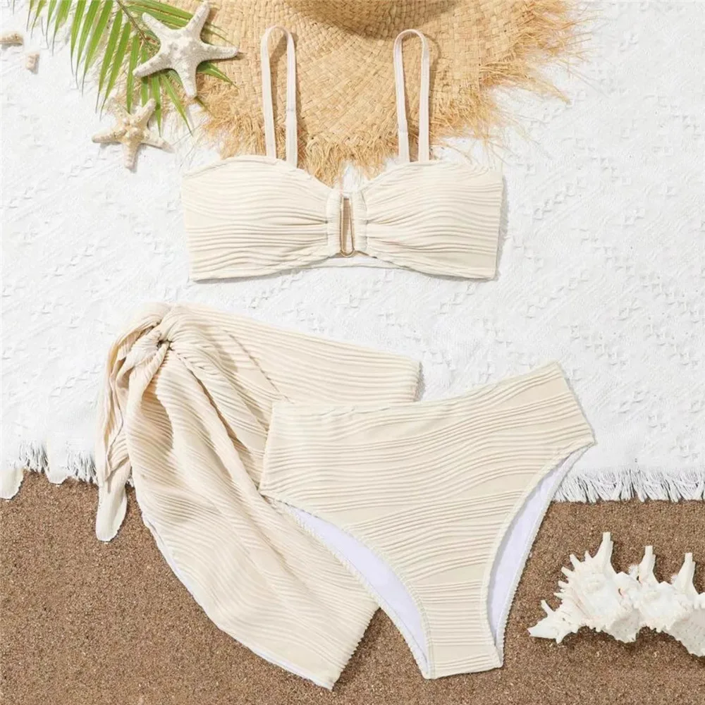 

Beige Texture Solid Swimwears 3 Piece Bikini Set Cover Ups U Shapped Sexy Swimsuit Women 2025 Bathing Suit High Waist Bikinis