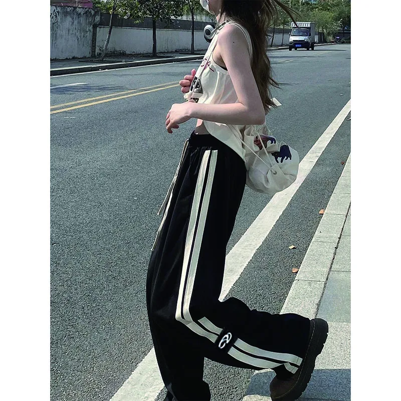 Straight leg casual pants men and women 2024 summer striped design wide-leg pants American retro loose plus size sweatpants