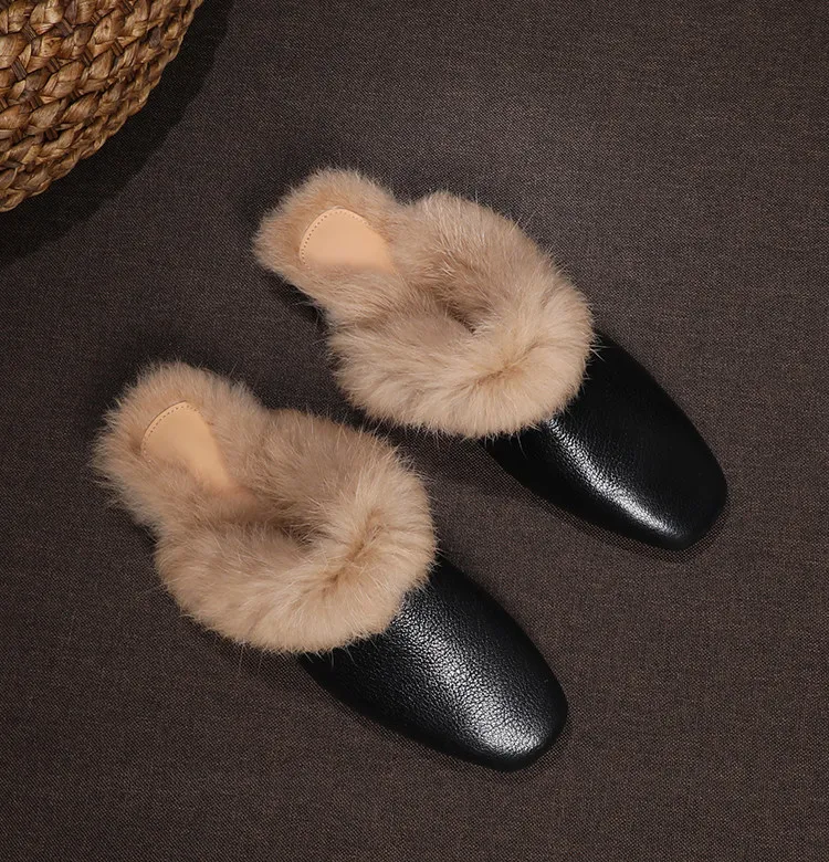 SHOEBOX ‌Real leather hairy toe cap half slippers for women wearing outdoors in 2026 winter, with plush rabbit hair low heel
