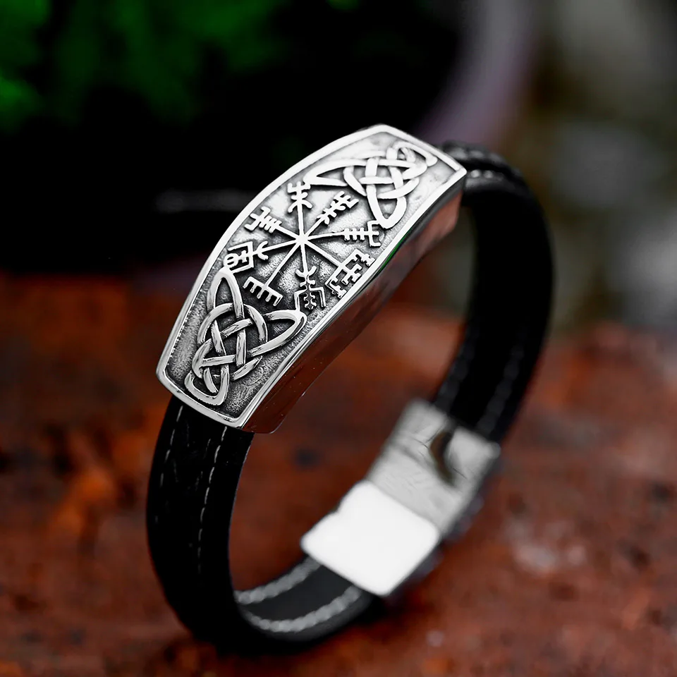 BEIER 2023 New Fashion Viking Celtic Knot Compass Runes Leather Men\'s Bracelet Bangle Fashion Jewelry For Men Gift High Quality