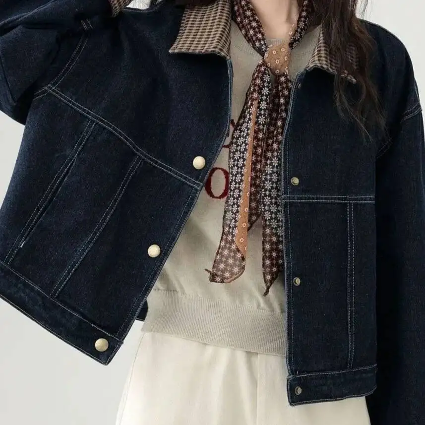 เสื้อแจ็คเก็ตยีนส์ลายสก็อตสำหรับฤดูใบไม้ผลิและฤดูใบไม้ร่วง ทรงหลวม คอปก สไตล์ลำลอง อเนกประสงค์ คลาสสิก ย้อนยุค แบรนด์จีน