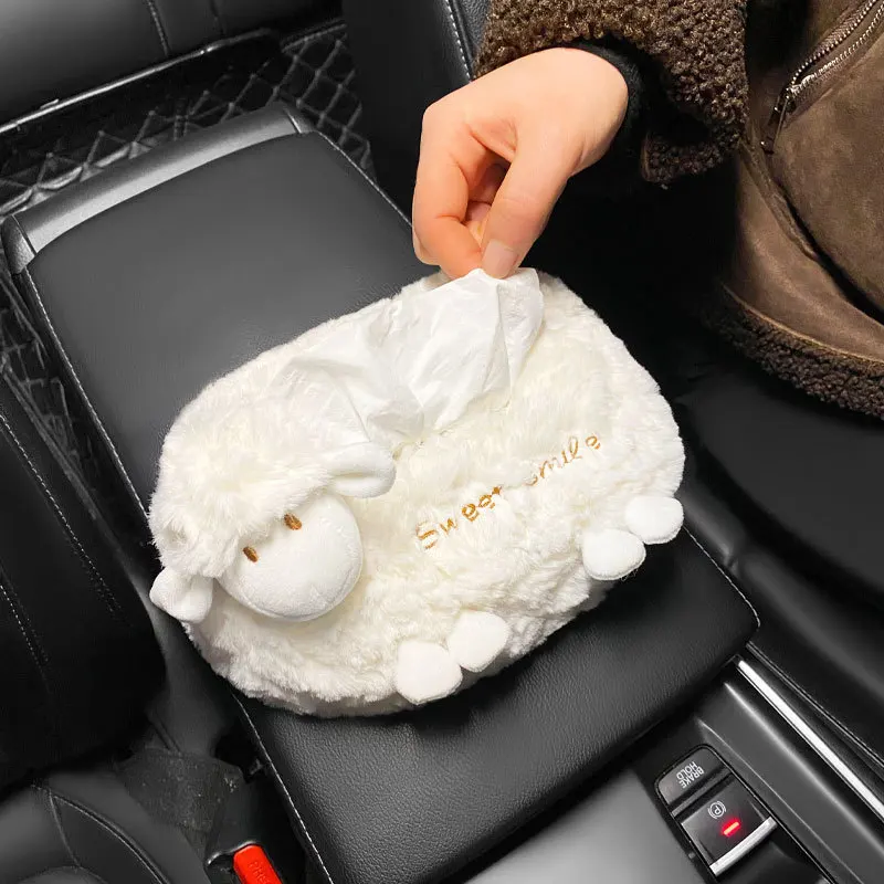 2024 New Ins Small Fresh Cartoon Cute Simulation Small Sheep Plush Tissue Box Creative Car Storage Box Decoration Tissue Box