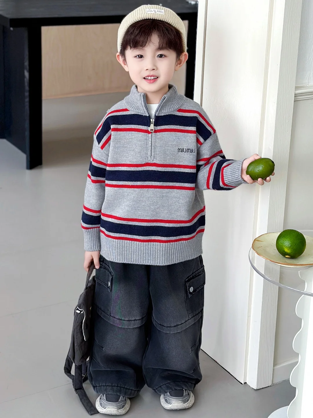 

Children's Knitted Stripe Sweater Spring Autumn 2026 New Korean Version Cartoon Woolen Cardigan Boys Spring Sweater Jaet