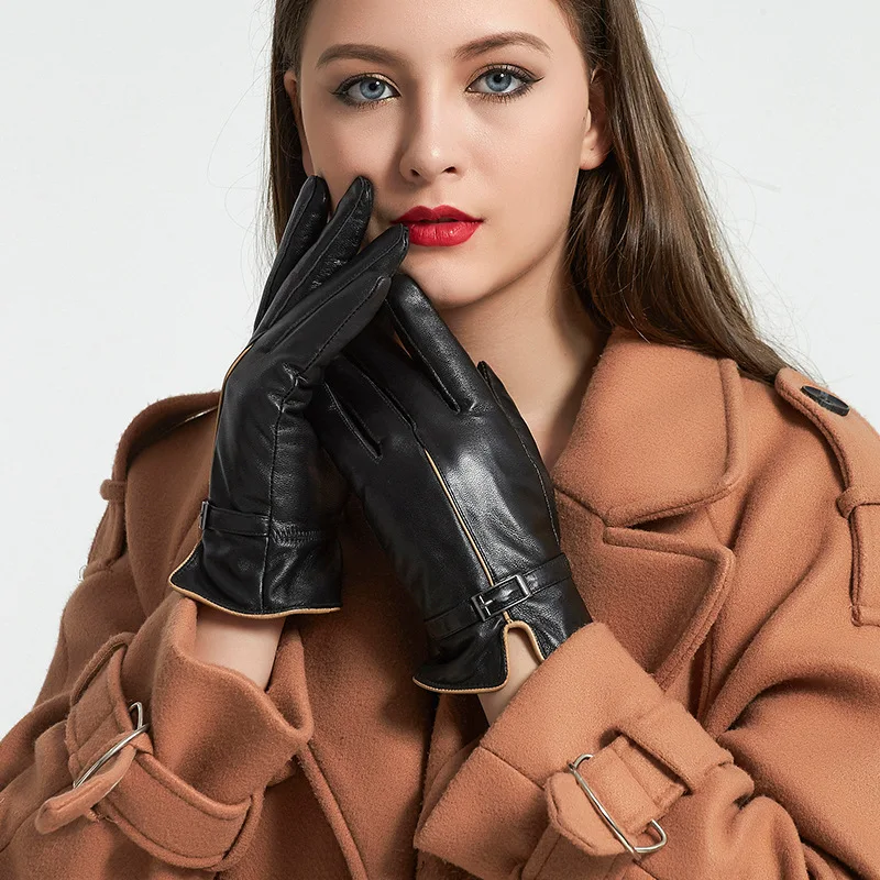 

X6192 Touch-screen Touch Leather Gloves Ladies Winter Thick Velvet Warm Cycling Sheep Gloves Genuine Leather Mittens