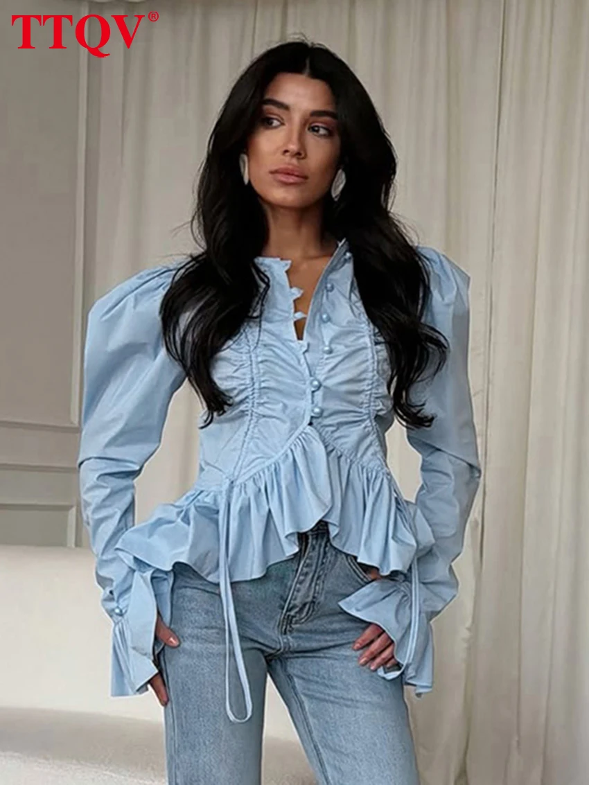 

TTQV Fashion Slim Blue Cotton Women's Shirt 2026 Spring O-Neck Long Sleeve Shirts Elegaant Classic Ruffles Top Female Clothing