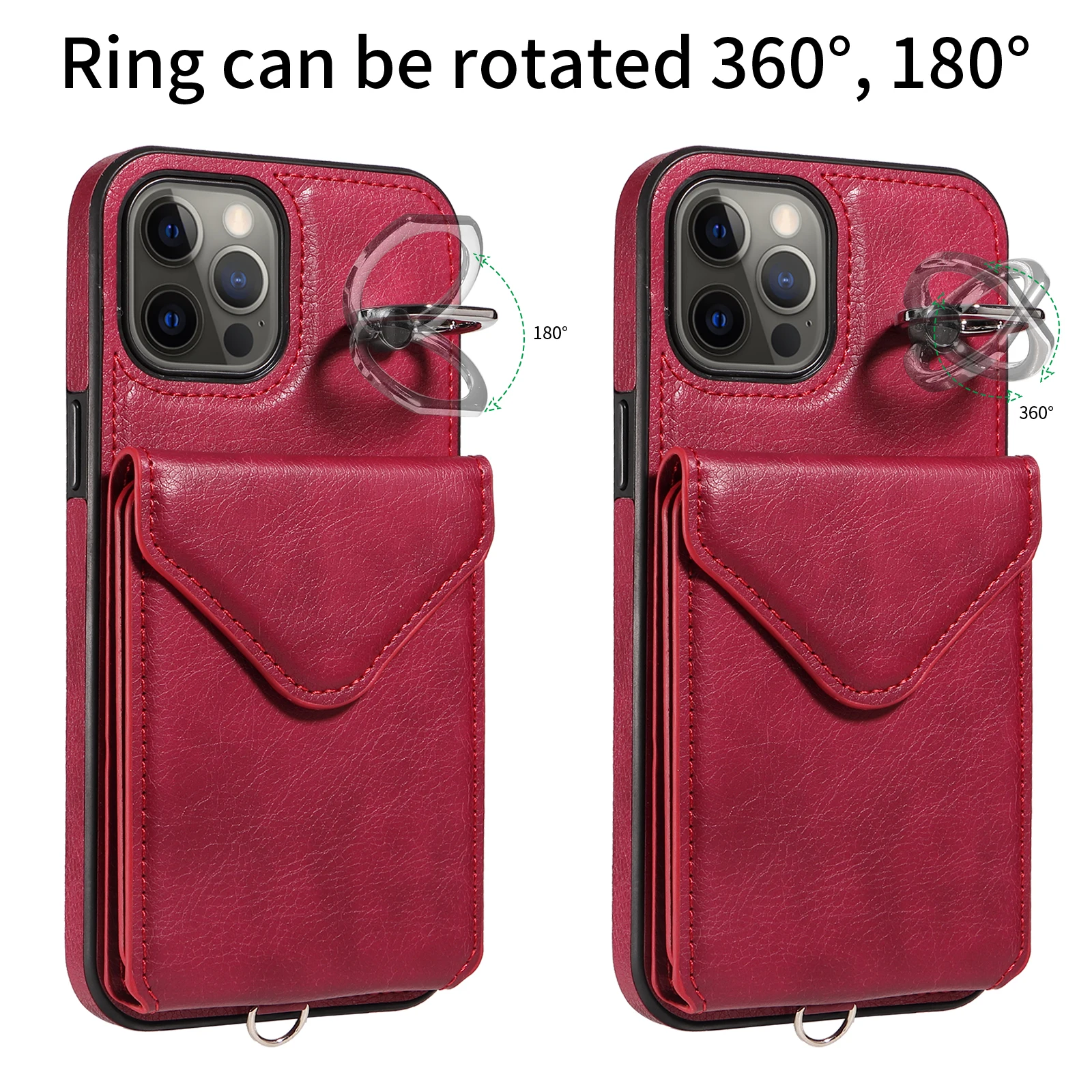 라이치 패턴 링 버클 브래킷 및 다중 카드 슬롯이 있는 iPhone 11/pro/pro max 12/pro/pro max용 전화 케이스