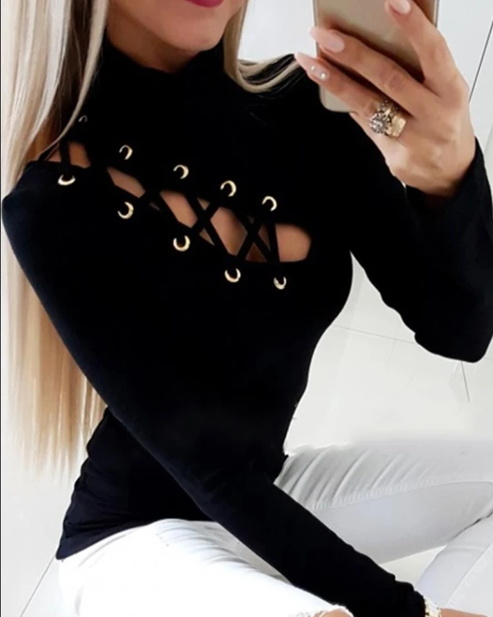 Elegant Pullover Black Half High Neck Slim Fit Mesh Lace Up Hollow Tight Knit Long Sleeved Top Sexy Fashion Autumn Basic T-Shirt