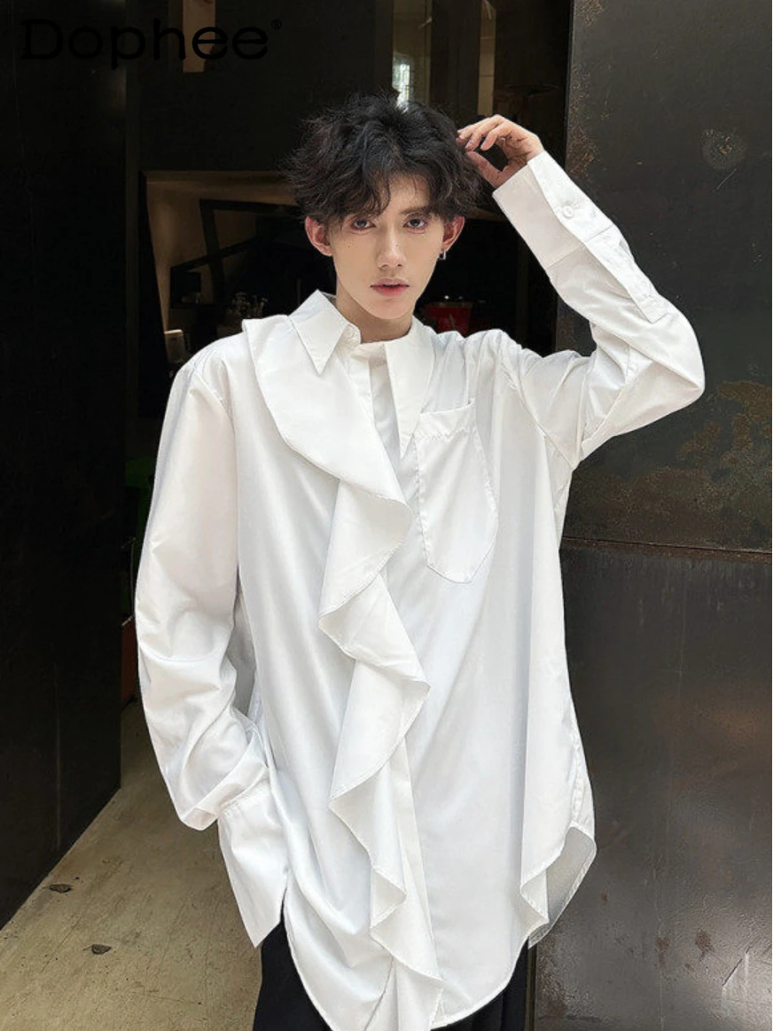 

2024 Autumn Men's Clothes Lotus Leaf Edge Men's Shirts Fashion Long Sleeve White Shirt Trendy Male Solid Color Loose Comfort Top