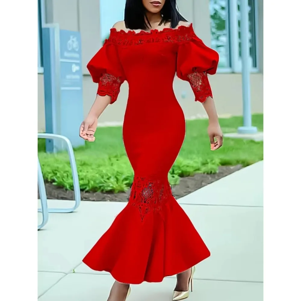Elegant Sexy High Waist Lace Ruffle Slash Neck Puff Sleeve Dress Vacation Vestidos Slim Women Party Ceremonial Trumpet Dress