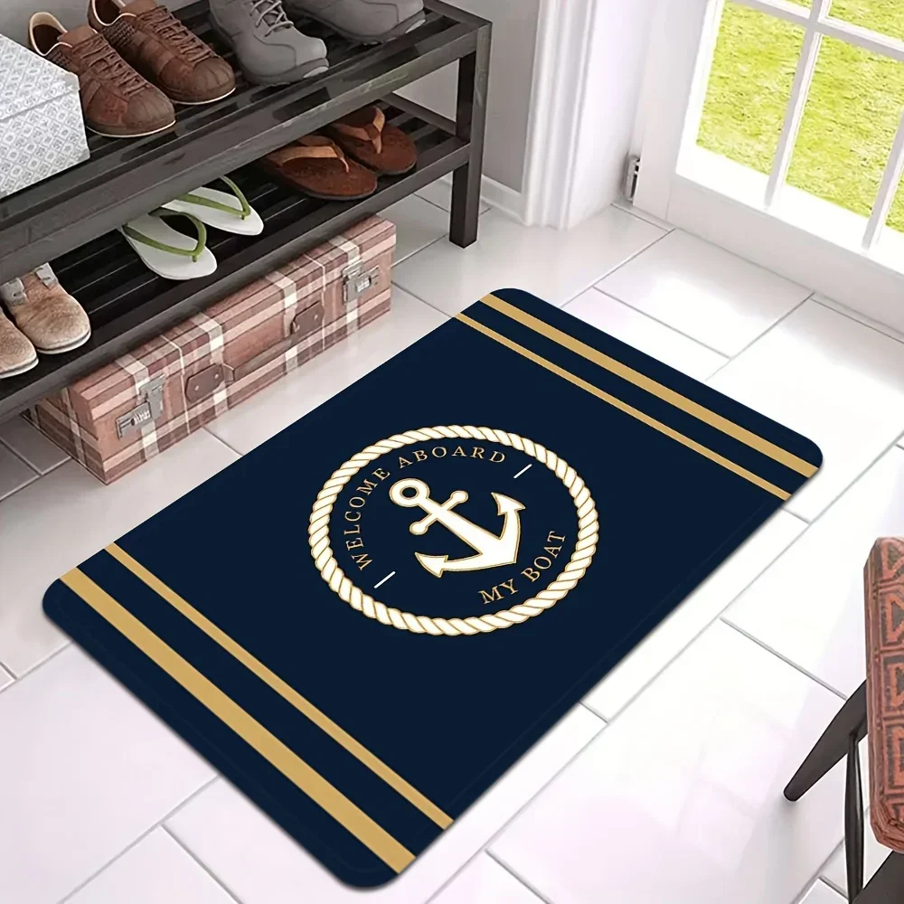 Nautical Anchor Welcome Mat Plush Non Slip Door Mat Welcome To My Boat Navy Blue Gold Decor For Indoor Living Room