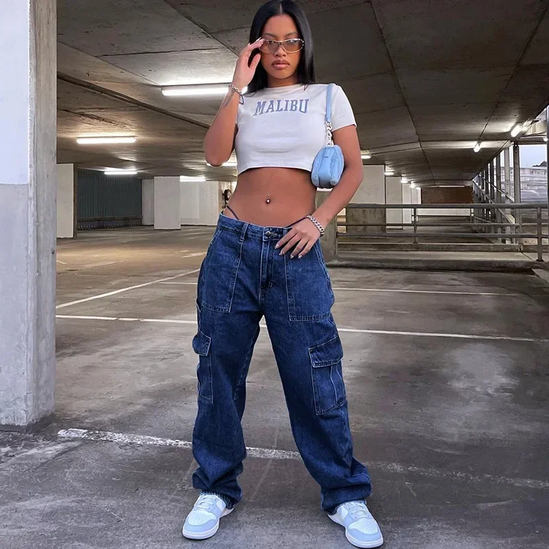 Jeans Cargohose Damen Washed Distressed 2025, Streetwear, hohe Taille, mehrere Taschen, Denims, Vintage, weibliche gerade Hose