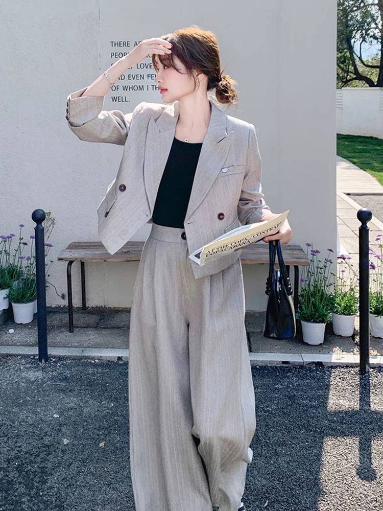 

Women Clothes Formal Casual Striped 2 Pieces Outfit Suits Lapel Tops Coat Blazer Suit And Wide Leg Loose Long Pants Trousers Set