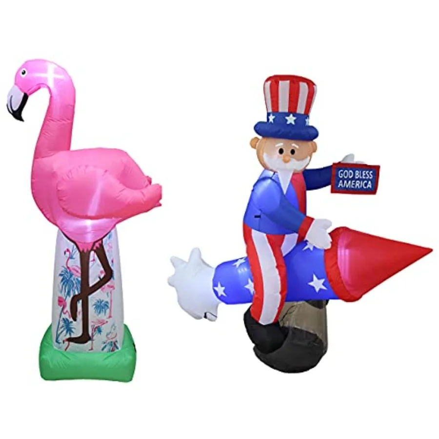 

Summer and Patriotic Party Decorations: 6ft Inflatable Pink Flamingo + 6ft Independence Day Uncle Sam on Rocket, PVC, red/white