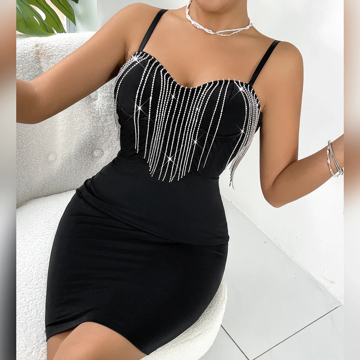 

Sexy Club Party Glitter Rhinestone Chain TASSEL Halter Dress,Nightclub Backless Spaghetti Strap Slim Hip Skirt