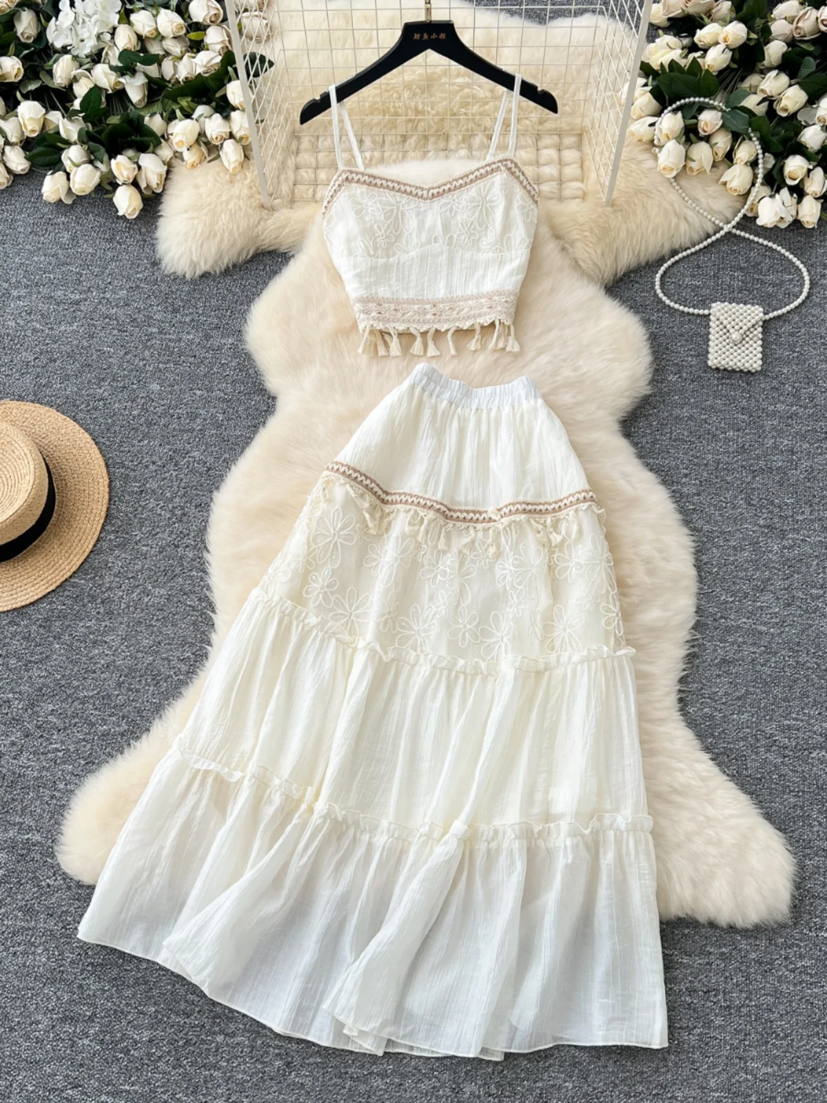 

Sweet Heavy Embroidery Sequin Tassel Bridesmaid Women's High Waist Slim A-Line Skirt And Crop Top Ensemble Spring Fashion