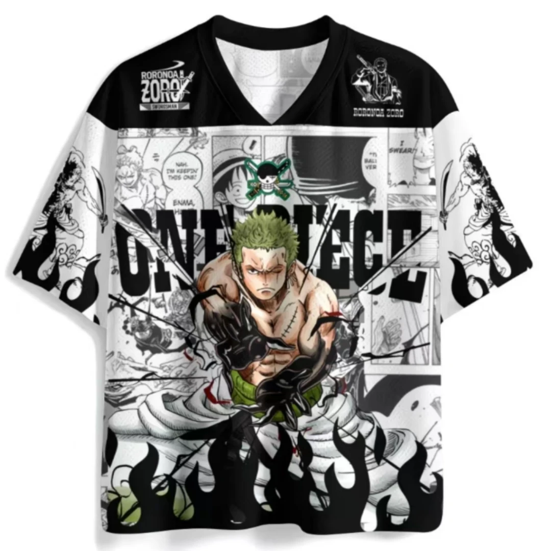 One Piece Solon Black and White V-neck Breathable Mesh Manga Panel Background Three Sword Pattern Sports and Leisure T-shirt