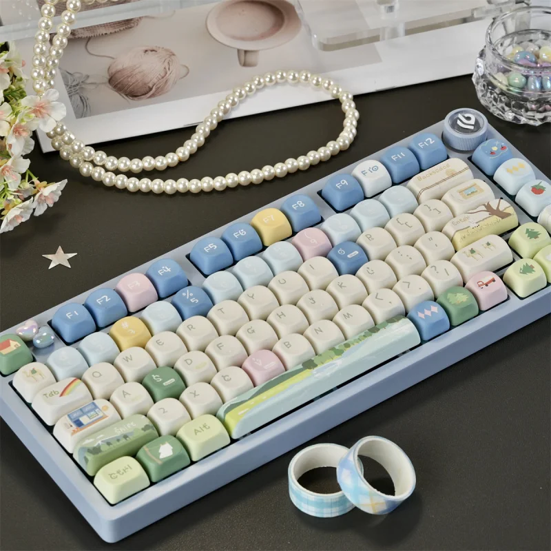 Stream and Rainbow Cute Keycaps Set,130 Keys MOA Profile Custom Doubleshot PBT Key Caps For MX Mechanical Keyboard 60% 75%