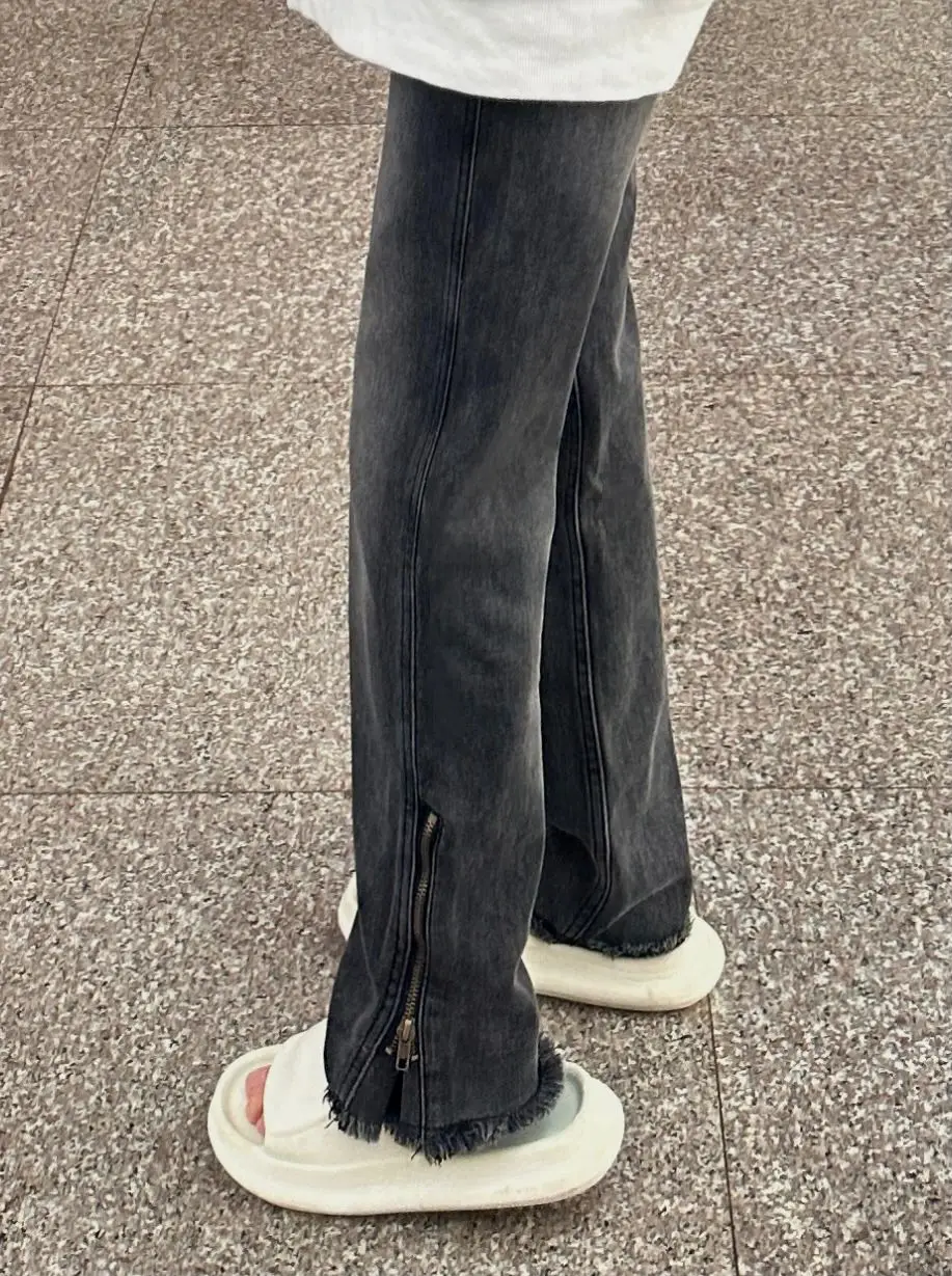 ارتفاع الخصر فضفاض صالح سستة الدينيم الجينز المرأة الخريف حجم كبير مستقيم الساق الطابق طول السراويل الهيب هوب شق تصميم #1