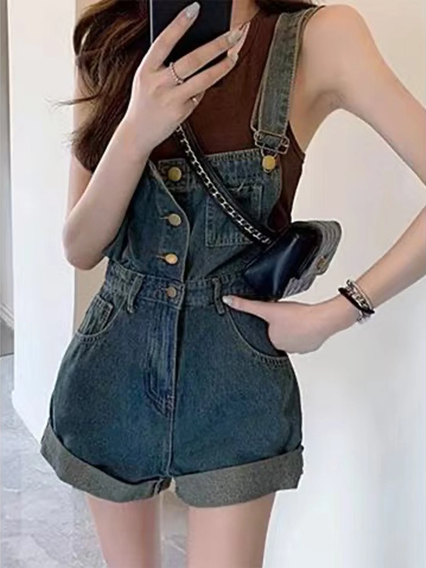 Retro Denim Overalls Women's High Waist Single Button Cuffed Shorts Small Size Straight Leg Wide Leg Pants Casual Style