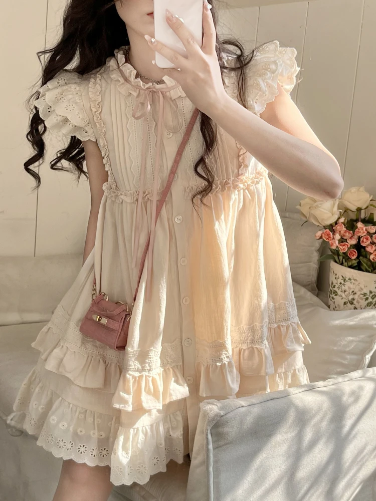 

Summer Lolita Kawaii Mini Dress Women Flying Sleeve Japanese Sweet Cute Dress Female Korean Style Ruched Fairy Dress 2023 New