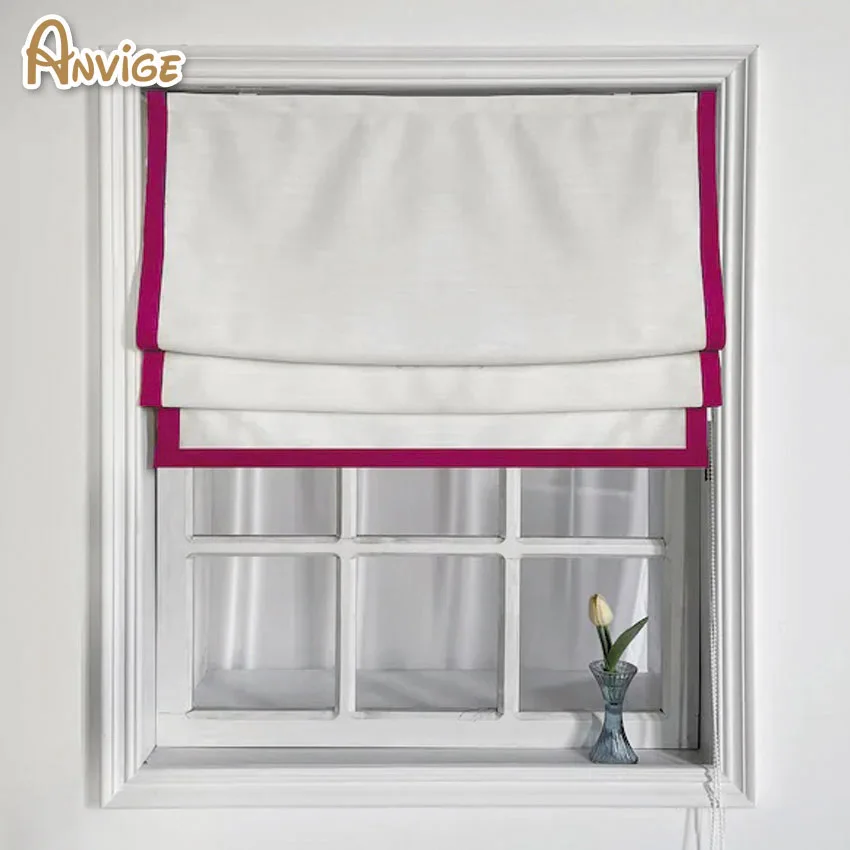 

Modern Motorized Cotton Linen White With Rose Red Border Trim Flat Roman Shades Customized Roman Blinds With Installation