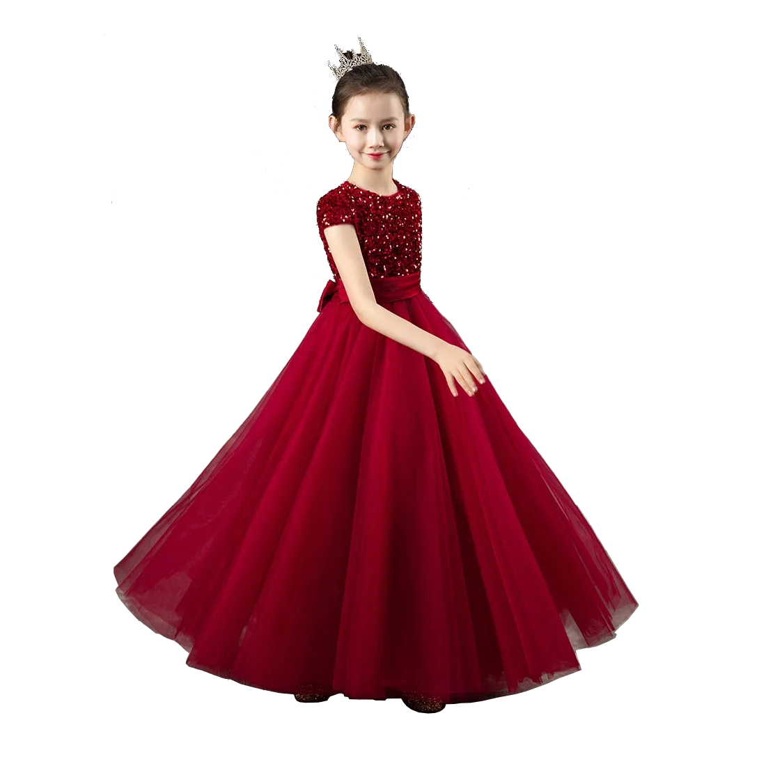 YZYmanualroom Glitter Sequins Short Sleeves Flower Girls Dresses For Wedding Tulle Birthday Party Christmas Dress For Girl