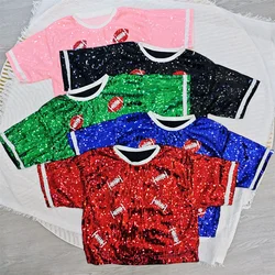 Summer New Fashion Short Sleeve Geometric Streetwear Loose T-Shirt Sequins Hip Hop Straight Patchwork Round Neck Women's Wear