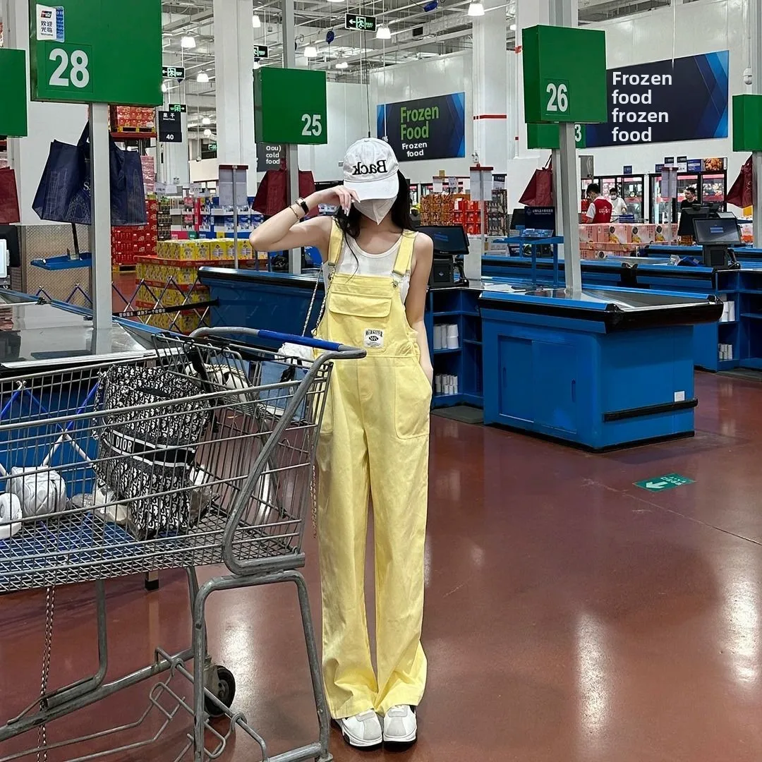 

Cute Korean Style Dopaamine Denim Overalls Women's Spring Autumn High Waist Wide Leg Jeans Small Size Casual Pure Color