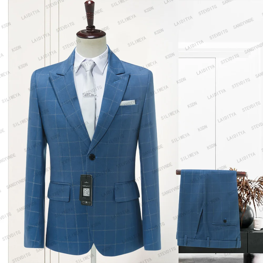 

2023 New Custom Made Groomsmen Blue Plaid Pattern Groom Tuxedos Peaked Lapel Wedding Best Man Two Pieces Suits Terno Masculino