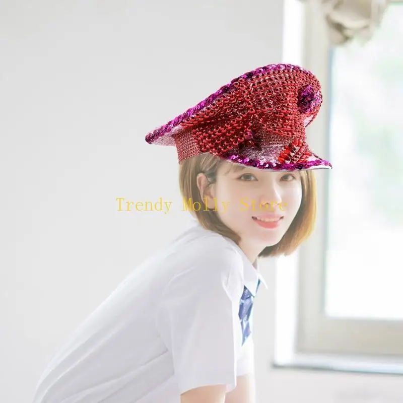 

N5KB Blingbling Stage Props Hats Rhinestones Sequined Captain Hat Bridal Shower Hat