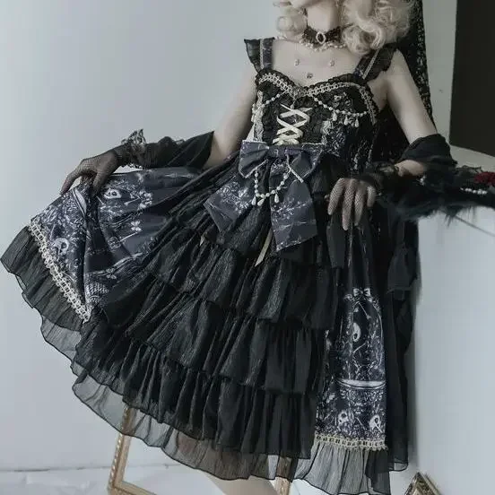 Abito da principessa Lolita con bretelle nere Goth giapponese abito Vintage da donna con stampa gotica che borda abiti da fata JSK senza schienale